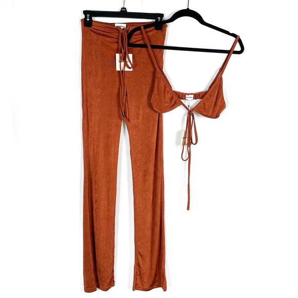 Superdown Irene Strappy Pant Set Brown Slinky Jersey 2pc Ruched Sheen Sz XL - Picture 6 of 13
